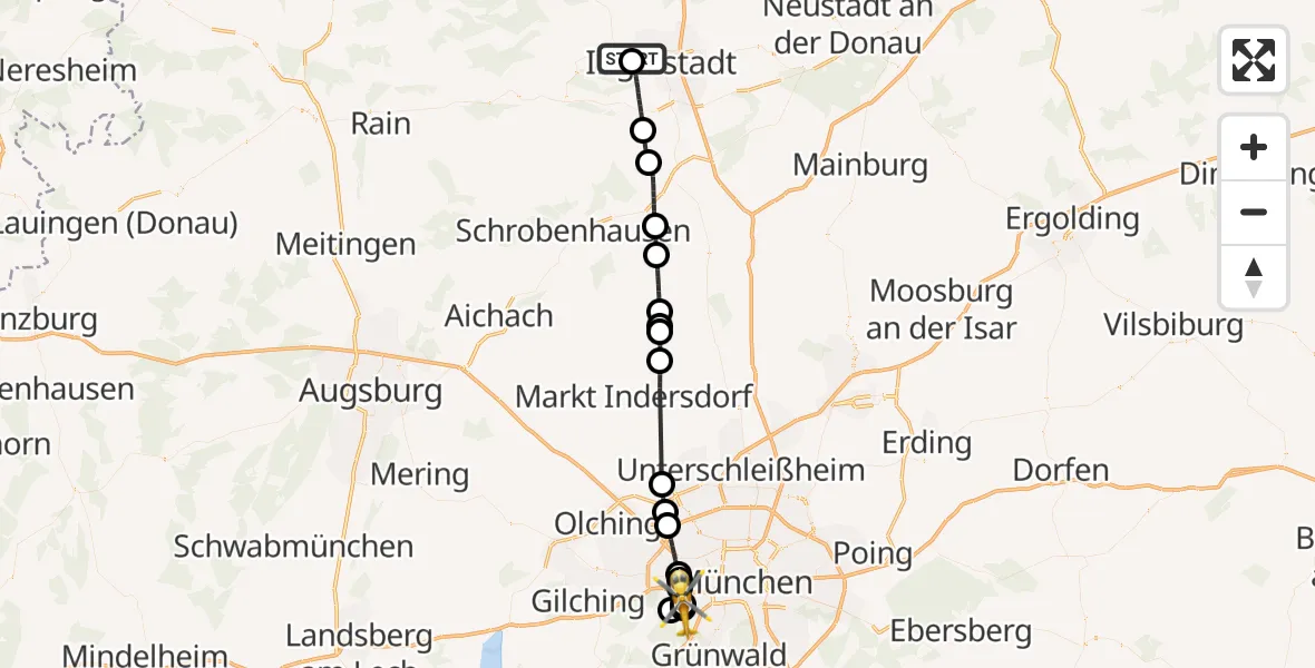 Flugroute Rettungshubschrauber Ingolstadt Hospital - DRF Air Rescue München Hubschrauberlandeplatz, 16 Juli 2026, 07:18
