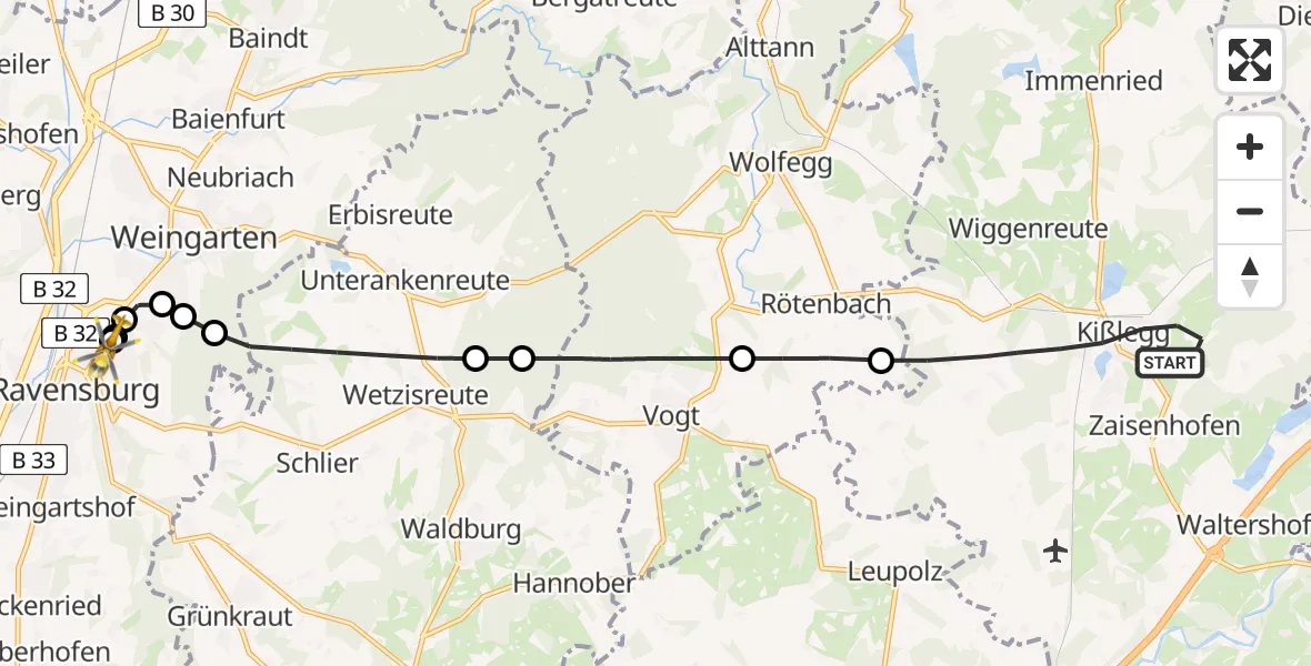 Flugroute Rettungshubschrauber Kißlegg - Sankt Elisabeth Hospital, 16 Juli 2026, 07:21