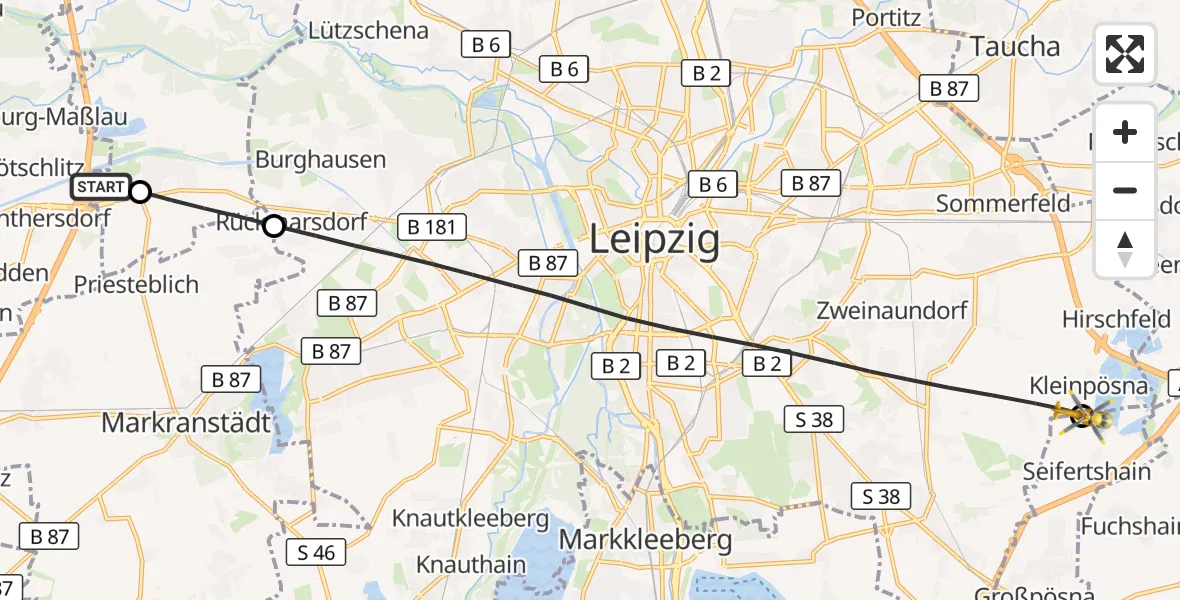 Flugroute Rettungshubschrauber ADAC Air Rescue Station Leipzig/Schkeuditz-Dölzig Hubschrauberlandeplatz (Christoph 61) - Großpösna, 16 Juli 2026, 07:22