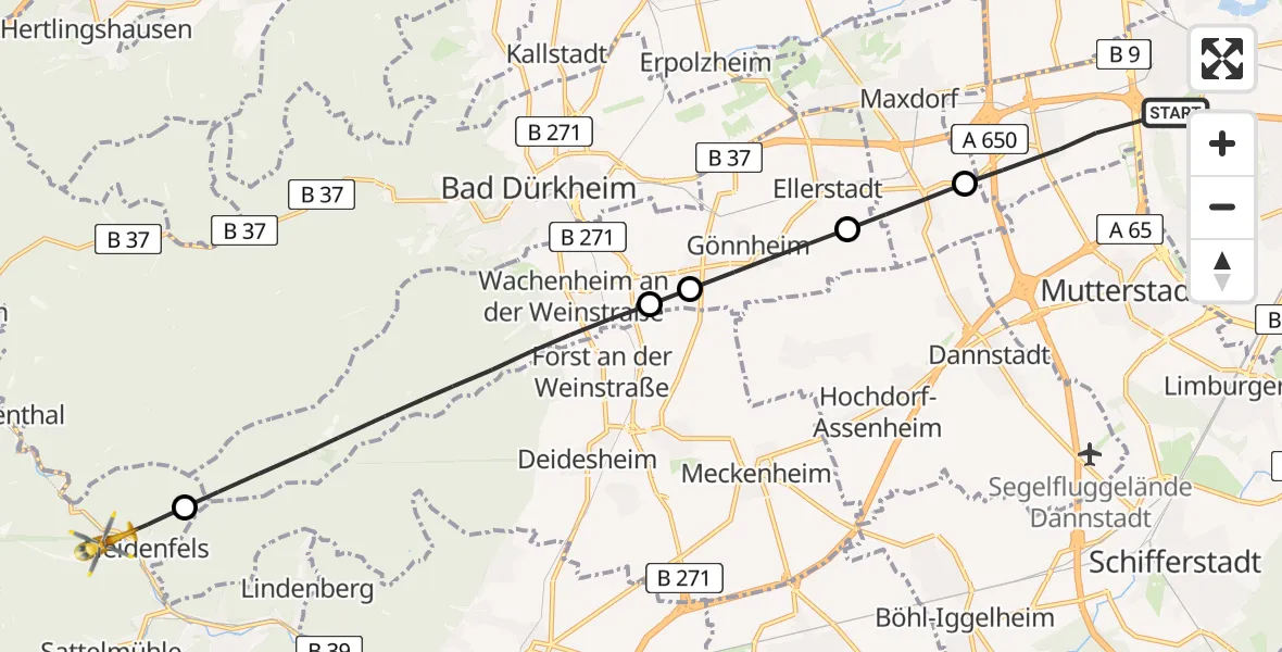 Flugroute Rettungshubschrauber Ludwigshafen am Rhein - Neidenfels, 16 Juli 2026, 07:23