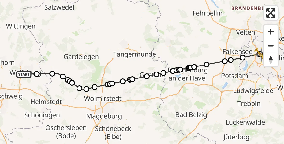 Flugroute Rettungshubschrauber Wolfsburg - Charité Clinic Virchow Campus Hubschrauberlandeplatz, 16 Juli 2026, 07:25