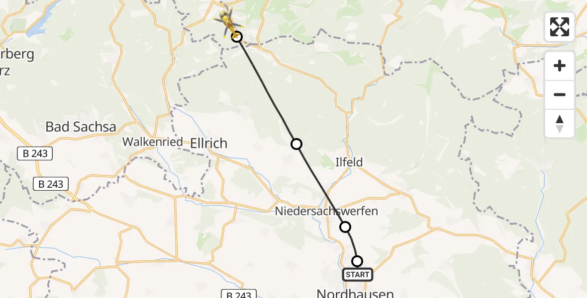 Flugroute Rettungshubschrauber Südharz Hospital Nordhausen - Harz (Landkreis Goslar), 16 Juli 2026, 07:25