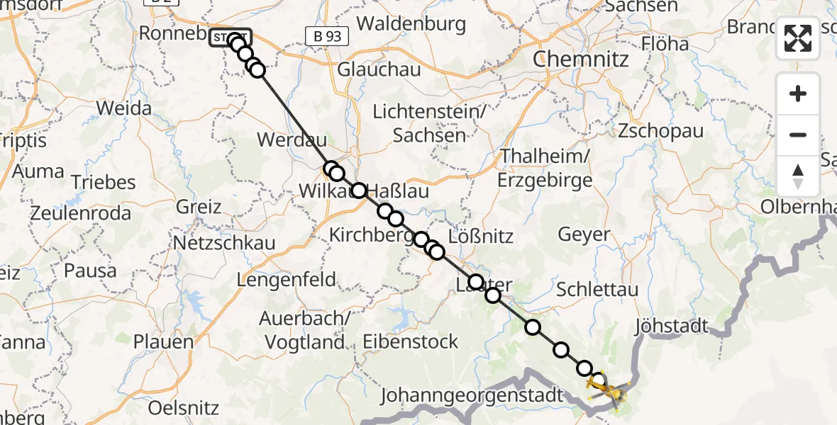 Flugroute Rettungshubschrauber Posterstein - Oberwiesenthal, 16 Juli 2026, 07:27