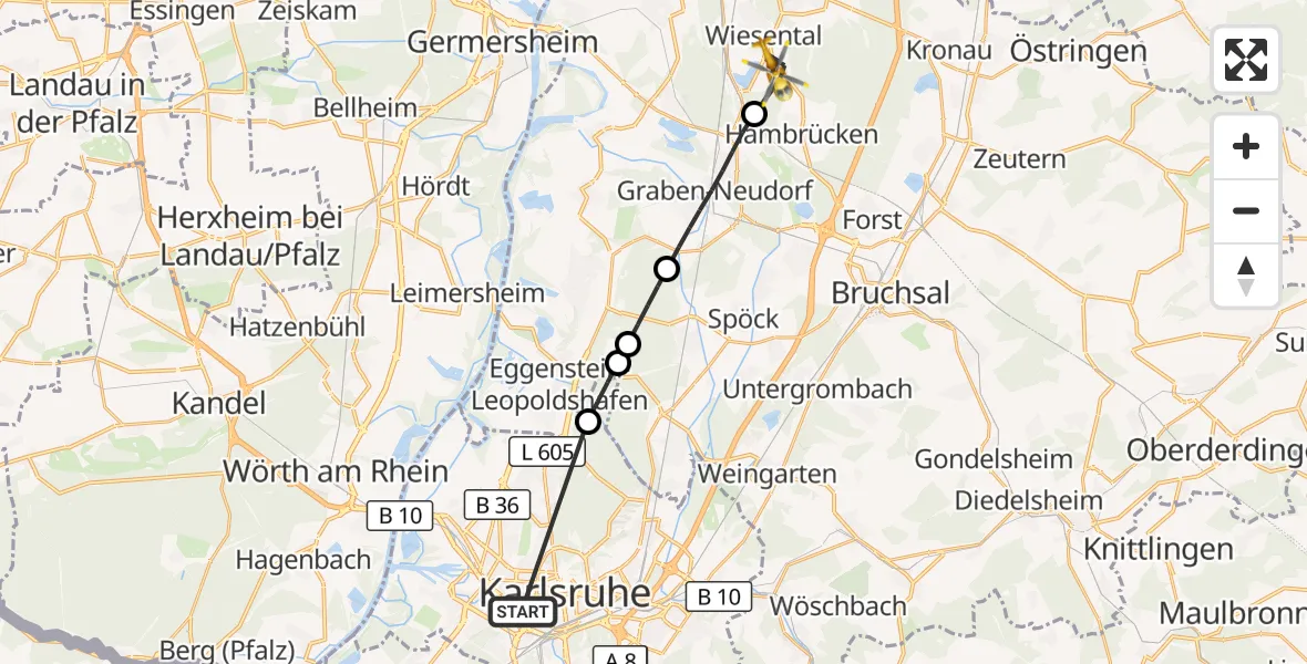 Flugroute Ambulanzhubschrauber Sankt Vincentius Hospital - Waghäusel, 16 Juli 2026, 07:29
