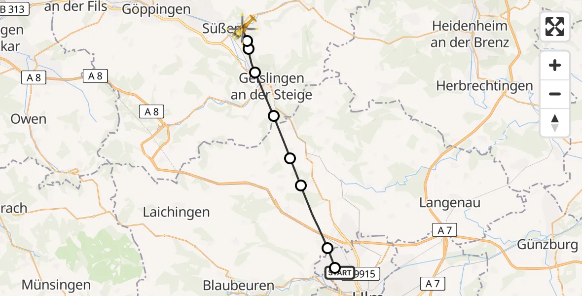 Flugroute Rettungshubschrauber Ulm Military Hospital Emergency - Donzdorf, 16 Juli 2026, 07:34
