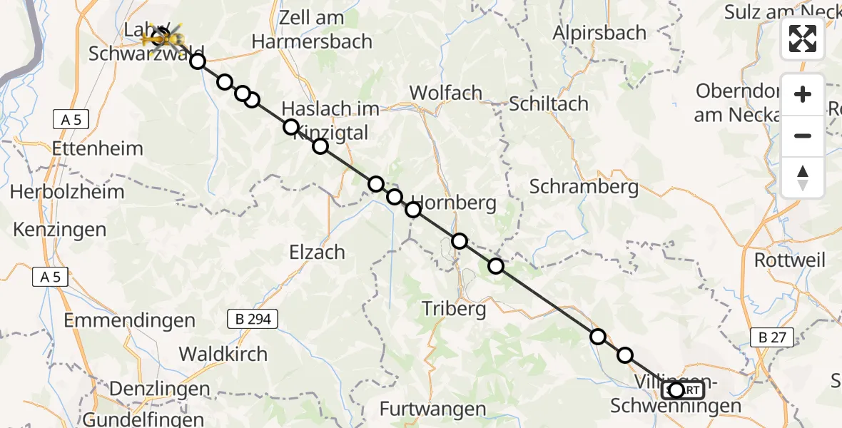 Flugroute Ambulanzhubschrauber DRF Air Rescue Station Villingen-Schwenningen Hubschrauberlandeplatz (Christoph 11) - Ortenau Hospital Lahr-Ettenheim Hubschrauberlandeplatz, 16 Juli 2026, 07:35