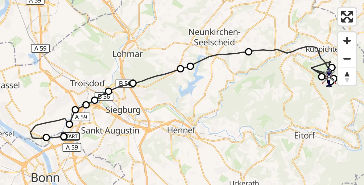 Flugroute Polizeihubschrauber Sankt Augustin - Windeck, 16 Juli 2026, 07:39