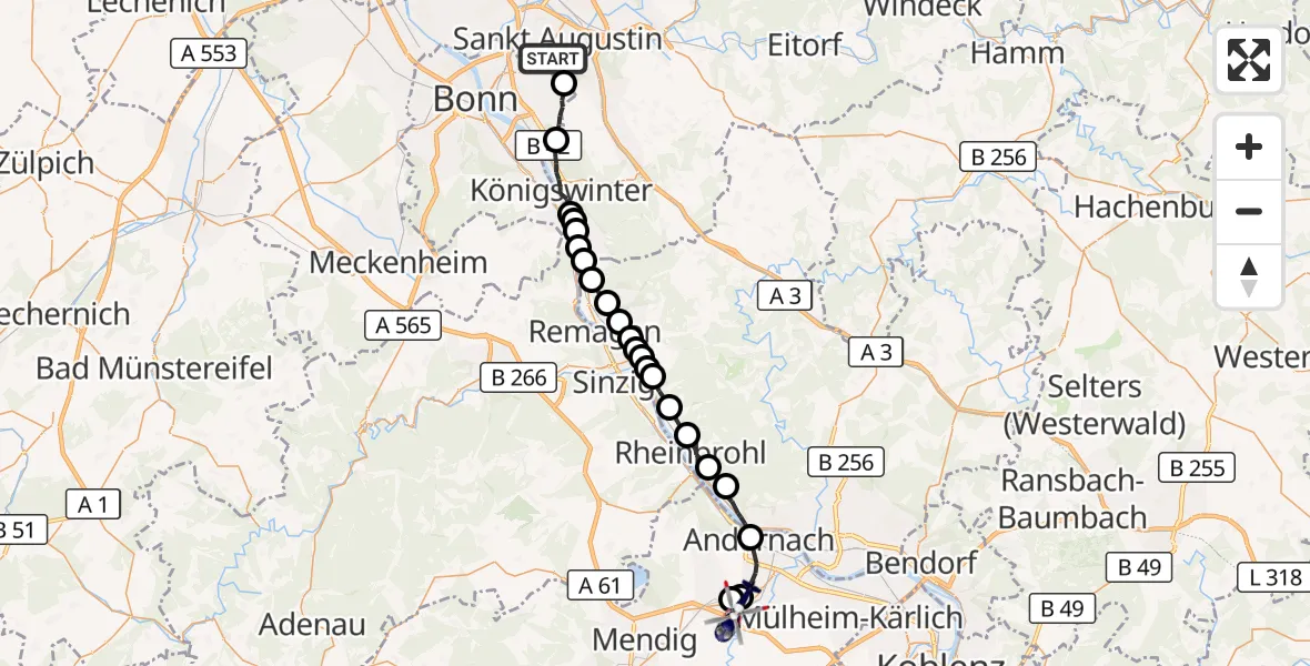 Flugroute Polizeihubschrauber Sankt Augustin - Plaidt, 16 Juli 2026, 07:44