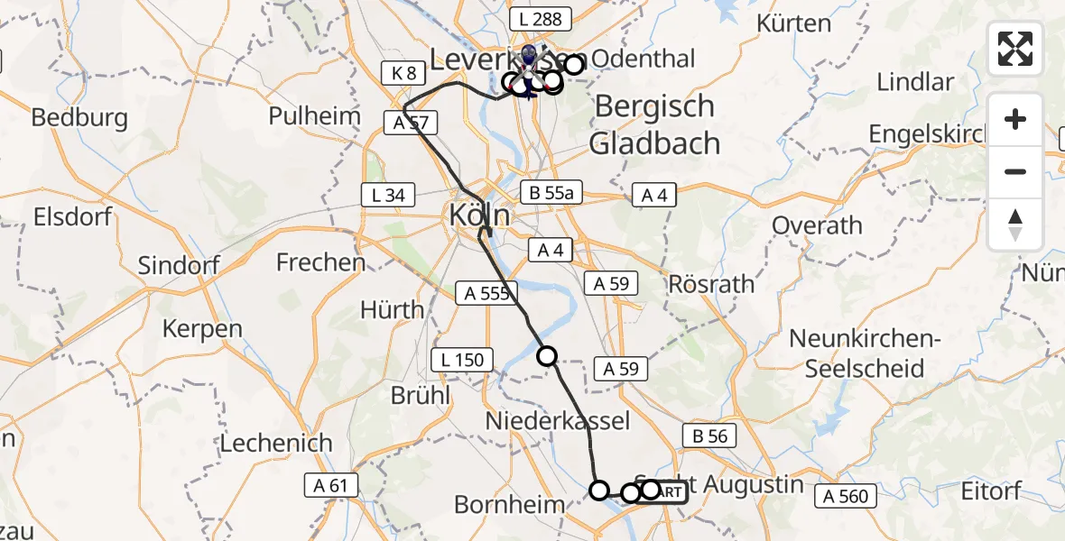 Flugroute Polizeihubschrauber Sankt Augustin - Leverkusen, 16 Juli 2026, 07:46