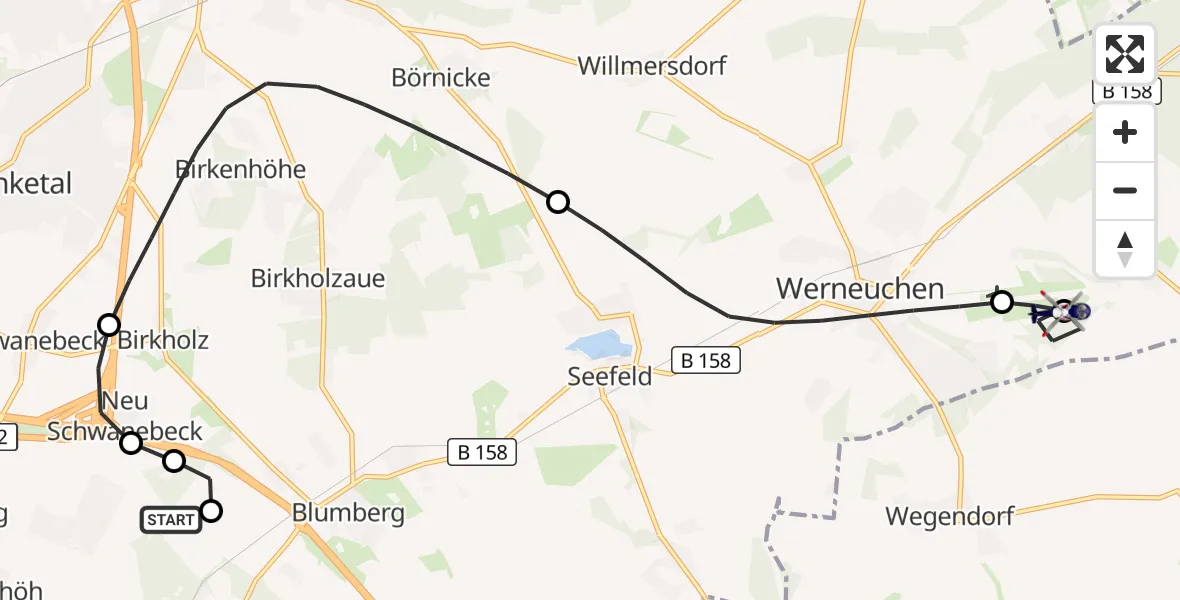 Flugroute Polizeihubschrauber Ahrensfelde Hubschrauberlandeplatz - Werneuchen, 16 Juli 2026, 07:47
