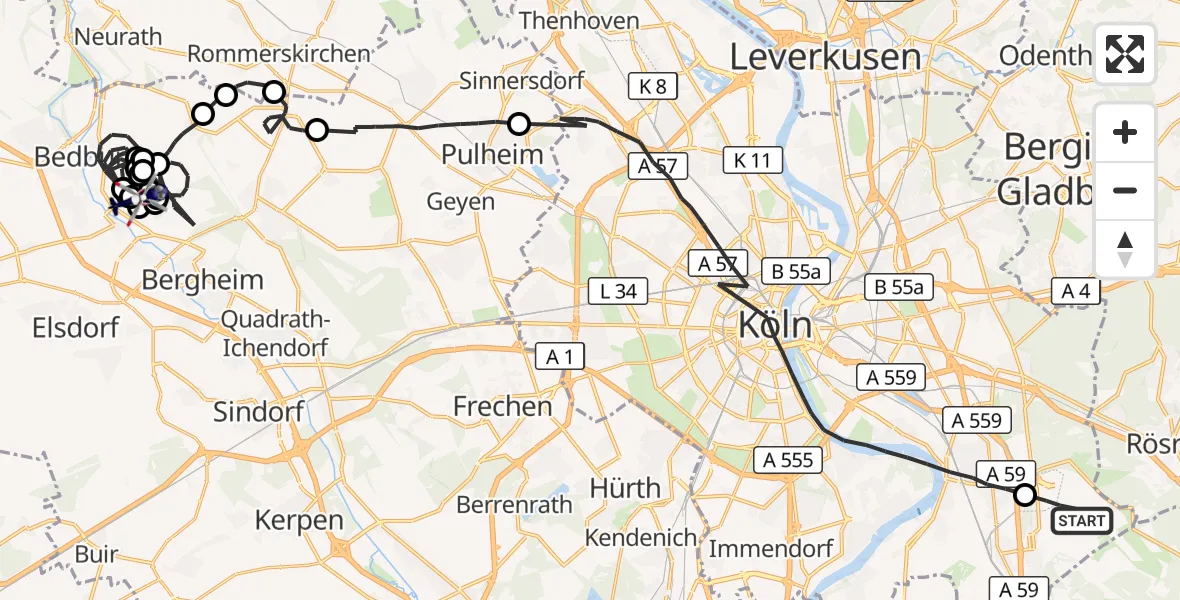 Flugroute Polizeihubschrauber Köln Bonn Flughafen - Bergheim, 16 Juli 2026, 07:48