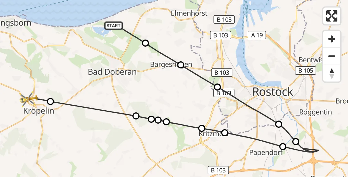 Flugroute Ambulanzhubschrauber Börgerende-Rethwisch - Kröpelin, 16 Juli 2026, 07:50