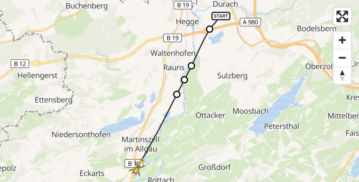 Flugroute Rettungshubschrauber Kempten-Durach Flugplatz - Waltenhofen, 16 Juli 2026, 07:53