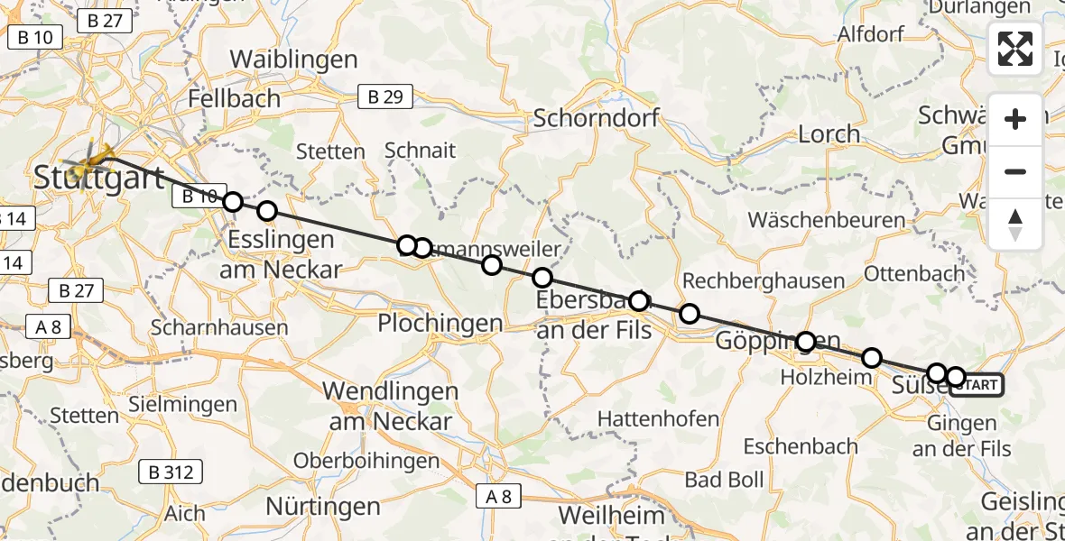 Flugroute Rettungshubschrauber Donzdorf - Stuttgart, 16 Juli 2026, 08:00