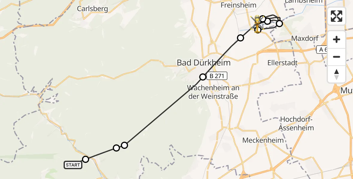 Flugroute Rettungshubschrauber Frankeneck - Erpolzheim, 16 Juli 2026, 08:08