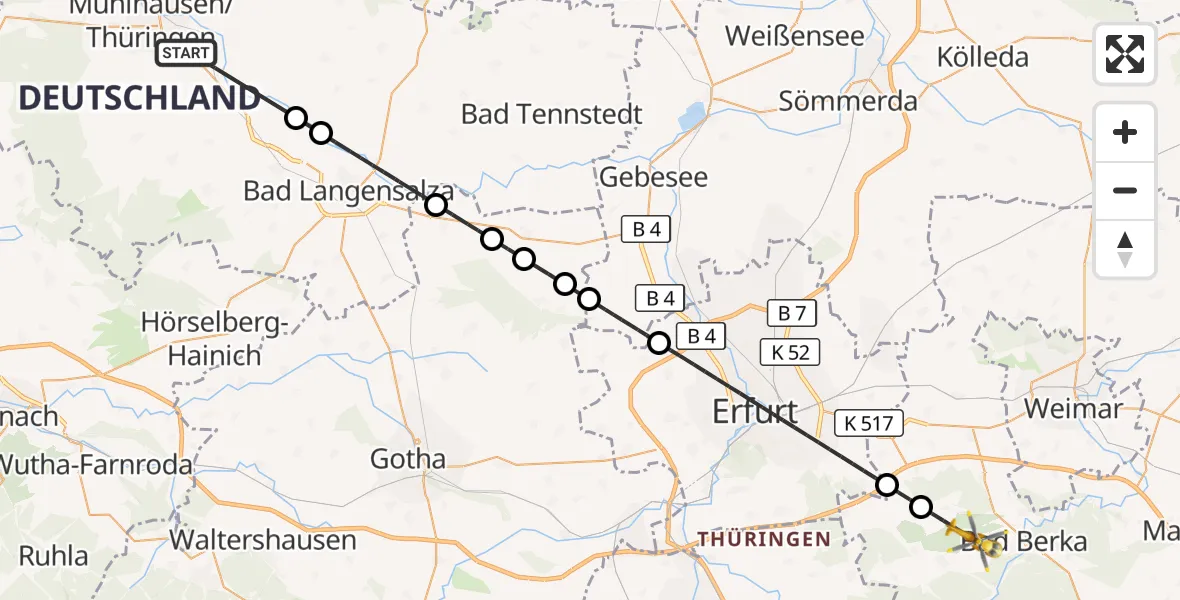 Flugroute Ambulanzhubschrauber Mühlhausen/Thüringen - Bad Berka, 16 Juli 2026, 08:08