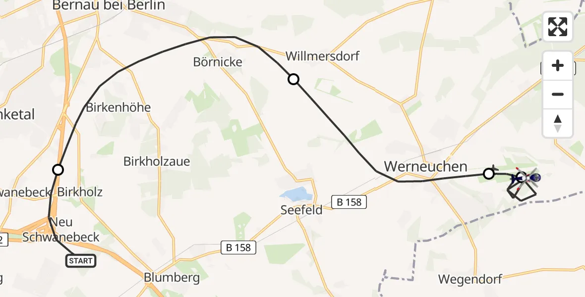 Flugroute Polizeihubschrauber Panketal - Werneuchen, 16 Juli 2026, 08:08