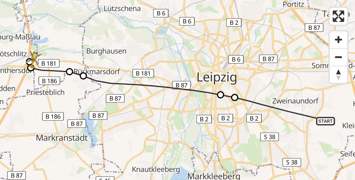 Flugroute Rettungshubschrauber Leipzig - ADAC Air Rescue Station Leipzig/Schkeuditz-Dölzig Hubschrauberlandeplatz (Christoph 61), 16 Juli 2026, 08:11