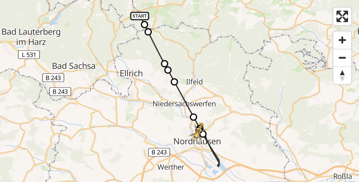 Flugroute Rettungshubschrauber Braunlage - Südharz Hospital Nordhausen, 16 Juli 2026, 08:11