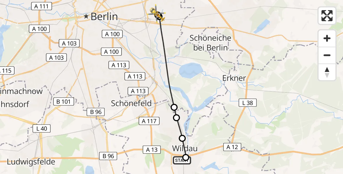 Flugroute Rettungshubschrauber Königs Wusterhausen - Berlin Emergency Hospital, 16 Juli 2026, 08:19