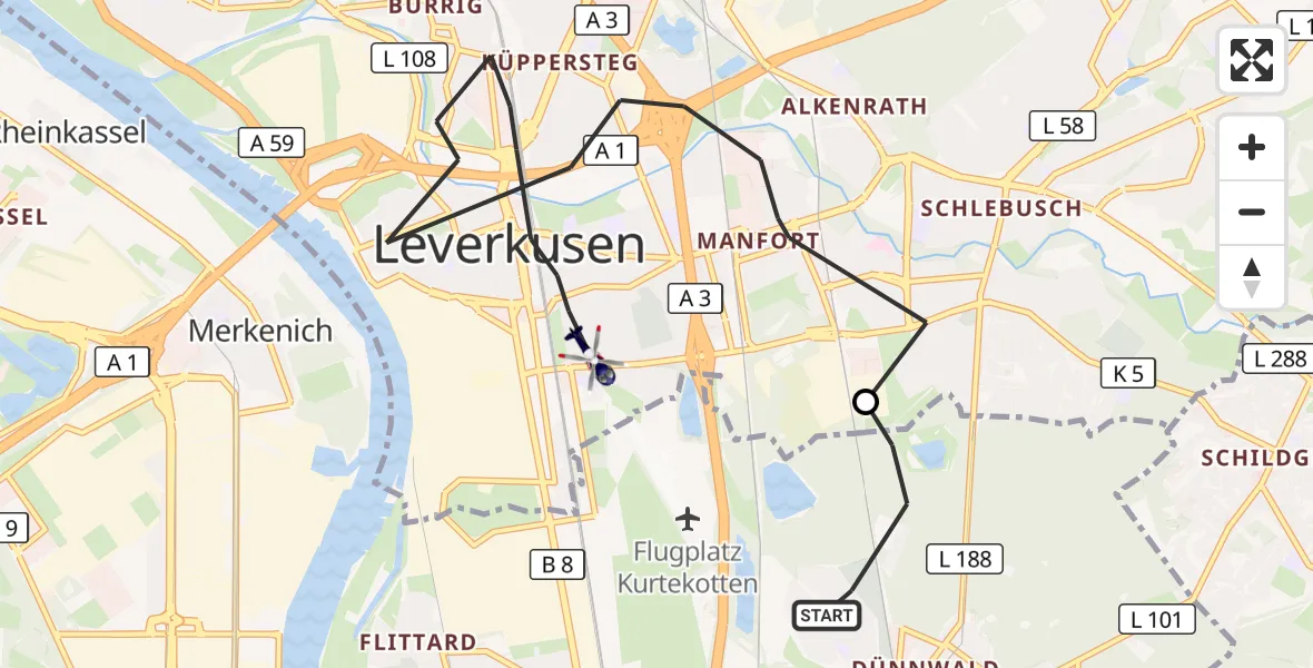 Flugroute Polizeihubschrauber Köln - Leverkusen, 16 Juli 2026, 08:21