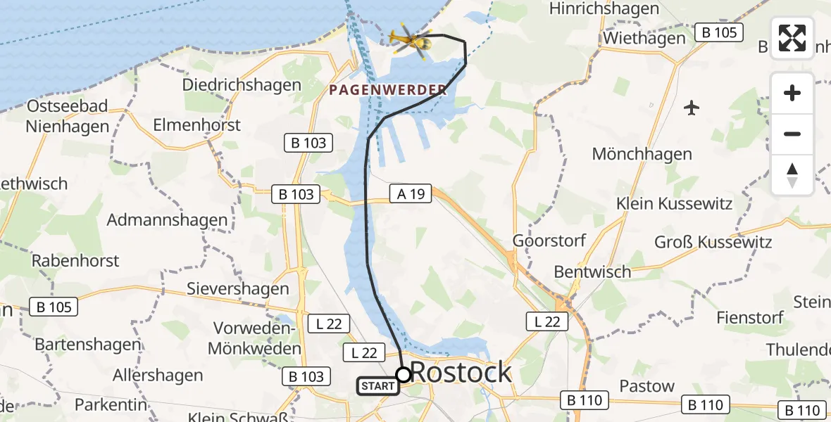 Flugroute Rettungshubschrauber Rostock University Hubschrauberlandeplatz - Rostock, 16 Juli 2026, 08:21