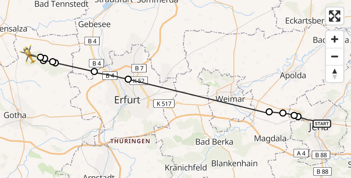 Flugroute Rettungshubschrauber Jena - Tonna, 16 Juli 2026, 08:22
