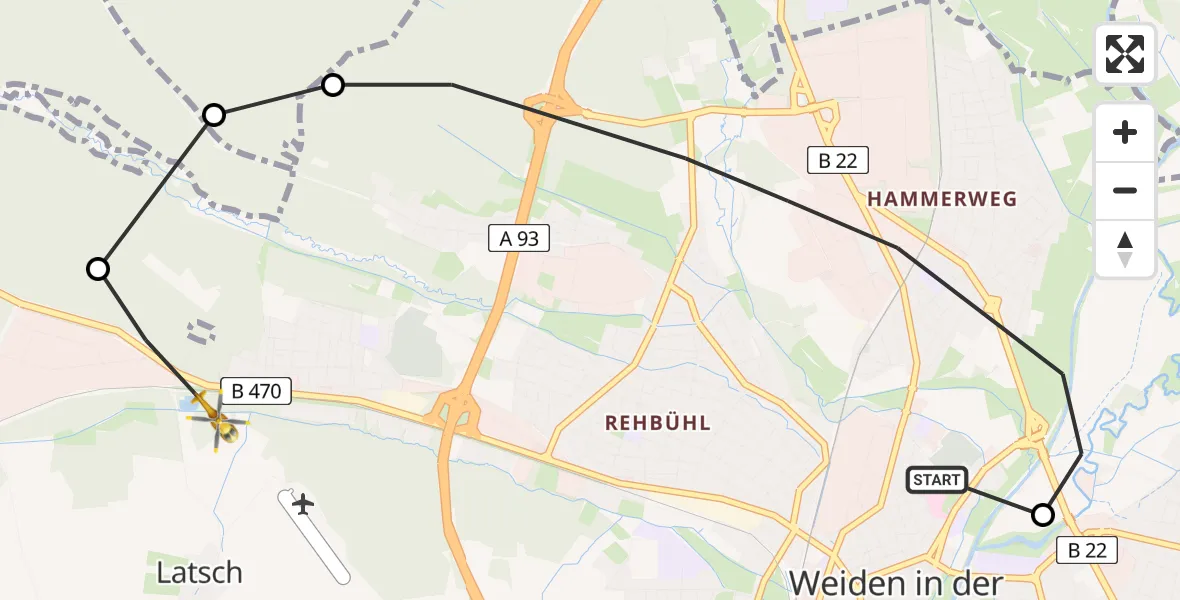 Flugroute Ambulanzhubschrauber Weiden Hospital - Weiden i.d.OPf., 16 Juli 2026, 08:23