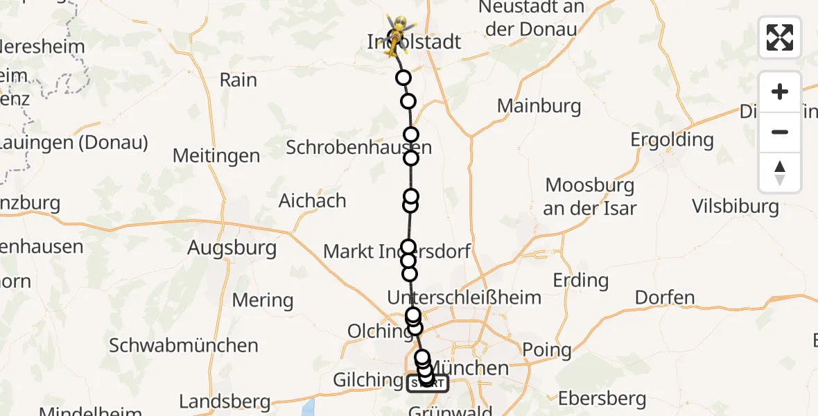 Flugroute Rettungshubschrauber DRF Air Rescue München Hubschrauberlandeplatz - Ingolstadt Hospital, 16 Juli 2026, 08:28