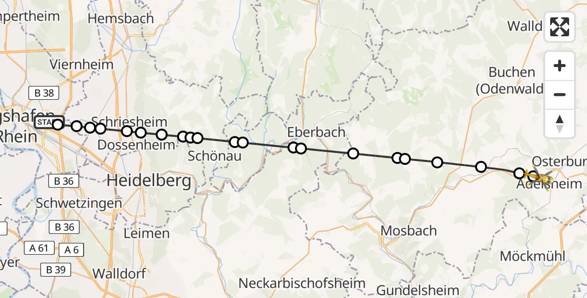 Flugroute Rettungshubschrauber Mannheim-City Flughafen - Adelsheim, 16 Juli 2026, 08:28