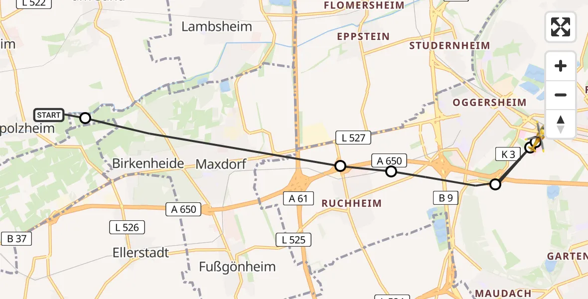 Flugroute Rettungshubschrauber Erpolzheim - Ludwigshafen Accident Hospital, 16 Juli 2026, 08:35