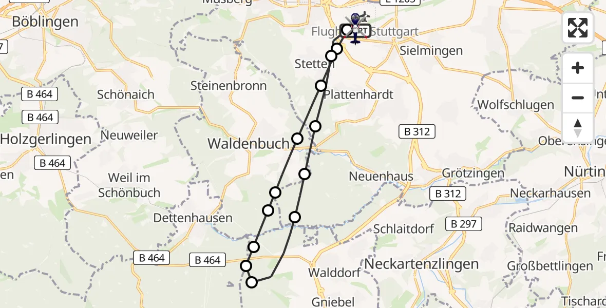 Flugroute Polizeihubschrauber Flughafen Stuttgart - Flughafen Stuttgart, 16 Juli 2026, 08:35