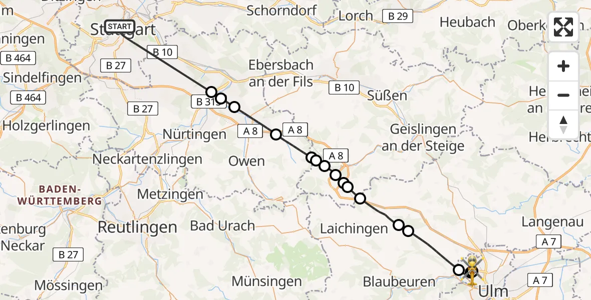 Flugroute Rettungshubschrauber Stuttgart - ADAC Air Rescue Station Ulm (Christoph 22), 16 Juli 2026, 08:46
