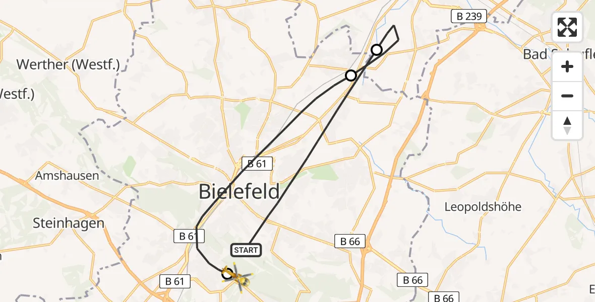 Flugroute Rettungshubschrauber Bielefeld - Luftrettungszentrum Bielefeld, 16 Juli 2026, 08:53