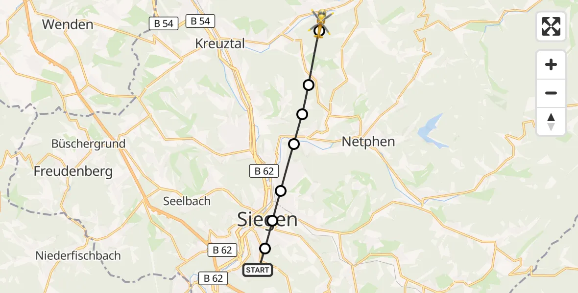 Flugroute Rettungshubschrauber Evangelisches Jung-Stilling Hospital - Hilchenbach, 16 Juli 2026, 08:53