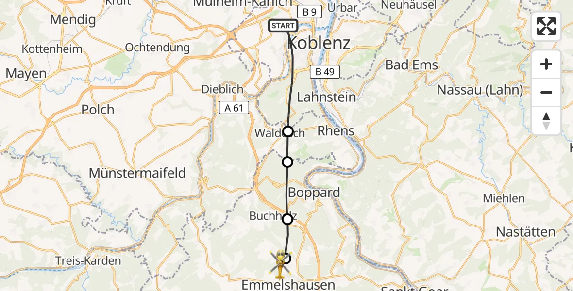 Flugroute Rettungshubschrauber Koblenz - Halsenbach, 16 Juli 2026, 08:53