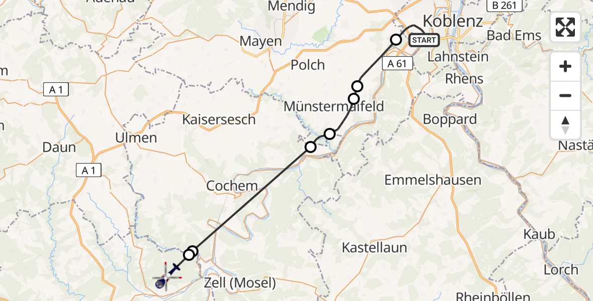 Flugroute Polizeihubschrauber Koblenz - Bengel, 16 Juli 2026, 08:55