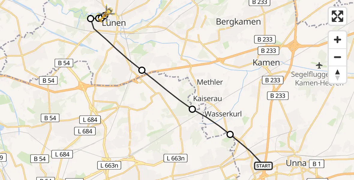 Flugroute Rettungshubschrauber Unna - Sankt Marien Hospital, 16 Juli 2026, 08:58