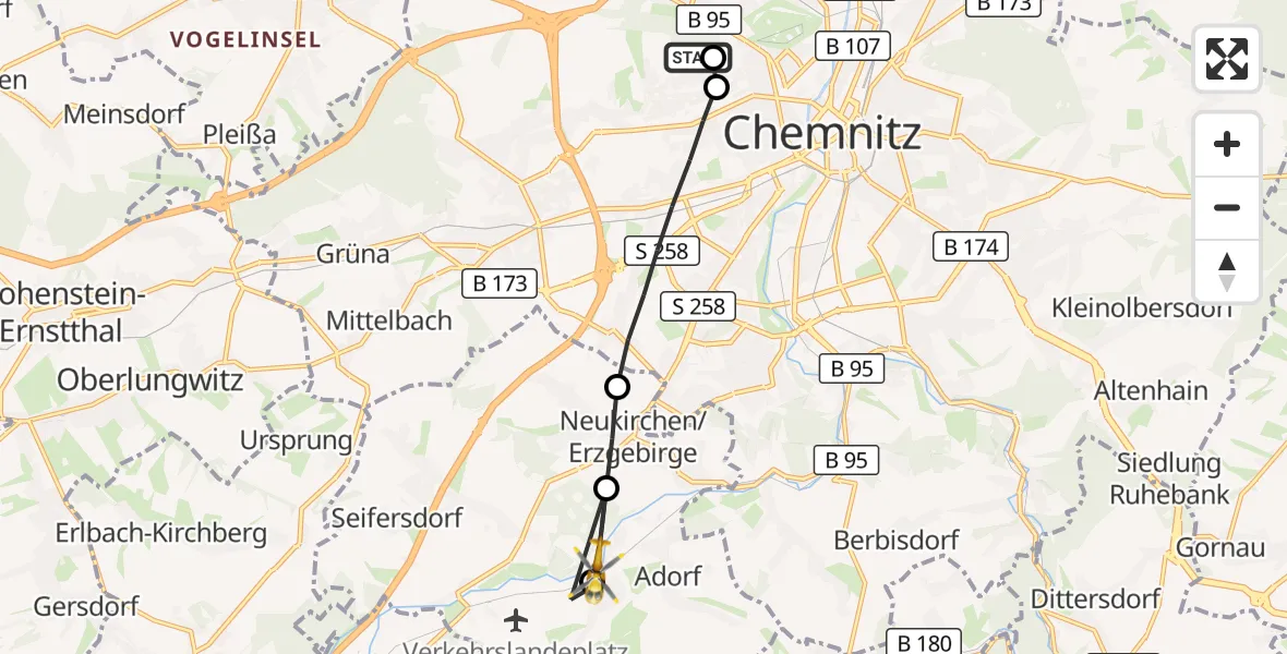 Flugroute Rettungshubschrauber Flemmingstraße Hospital Rooftop - Jahnsdorf/Erzgeb., 16 Juli 2026, 09:02