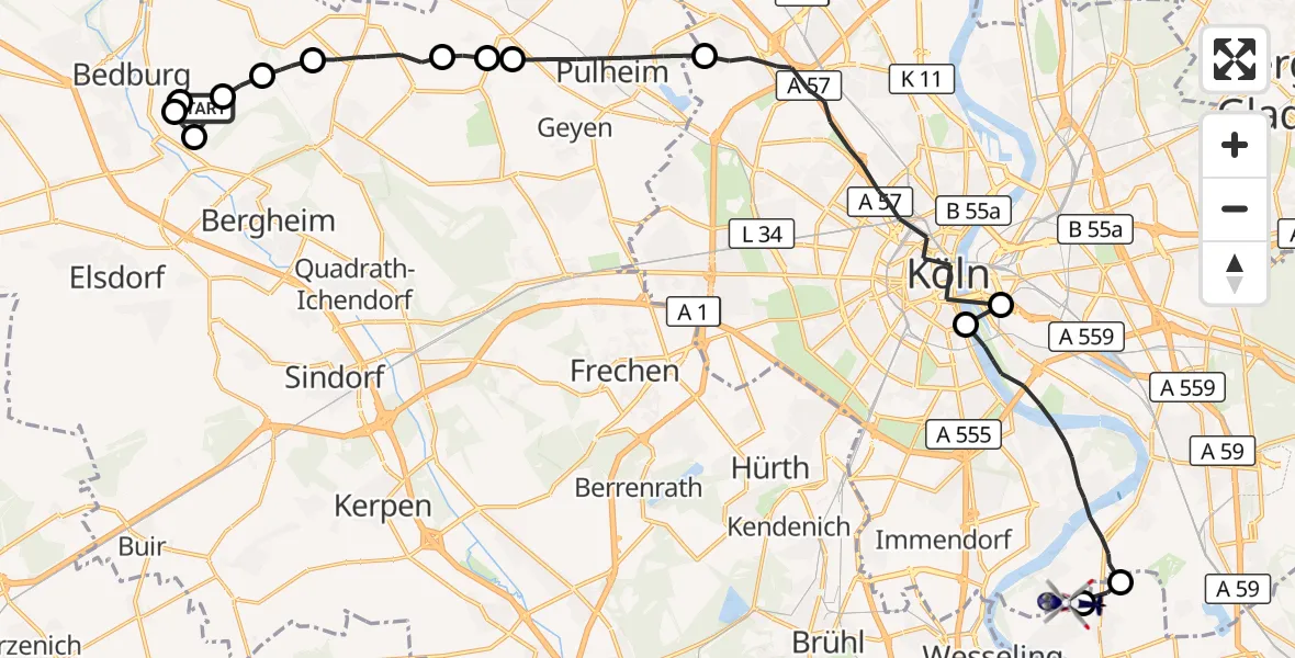 Flugroute Polizeihubschrauber Bergheim - Köln, 16 Juli 2026, 09:11