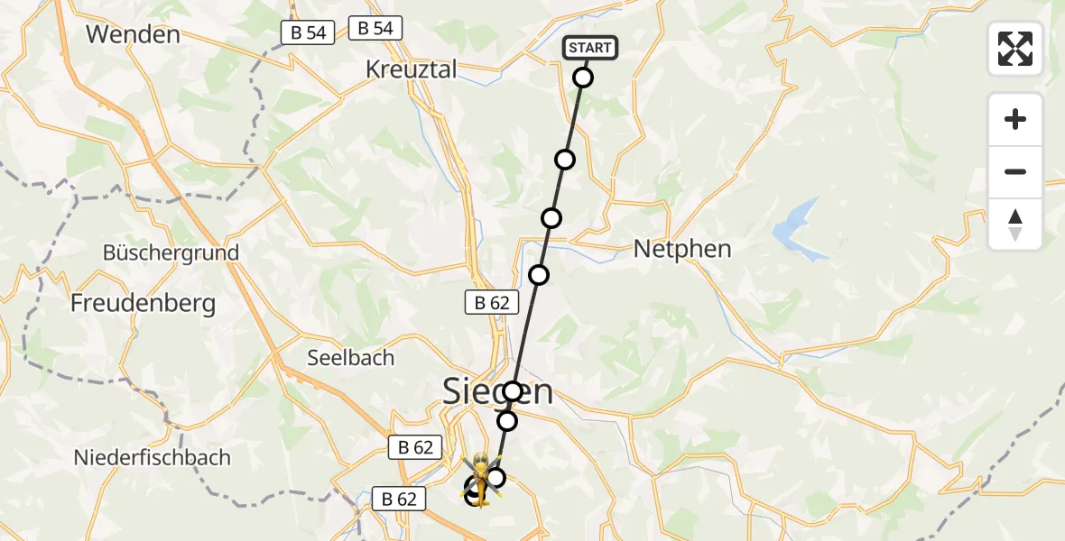 Flugroute Rettungshubschrauber Hilchenbach - Evangelisches Jung-Stilling Hospital, 16 Juli 2026, 09:16