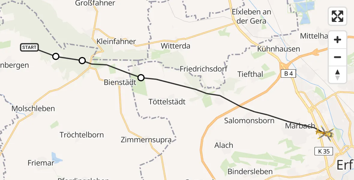 Flugroute Rettungshubschrauber Eschenbergen - Helios Clinic Erfurt Hubschrauberlandeplatz, 16 Juli 2026, 09:17
