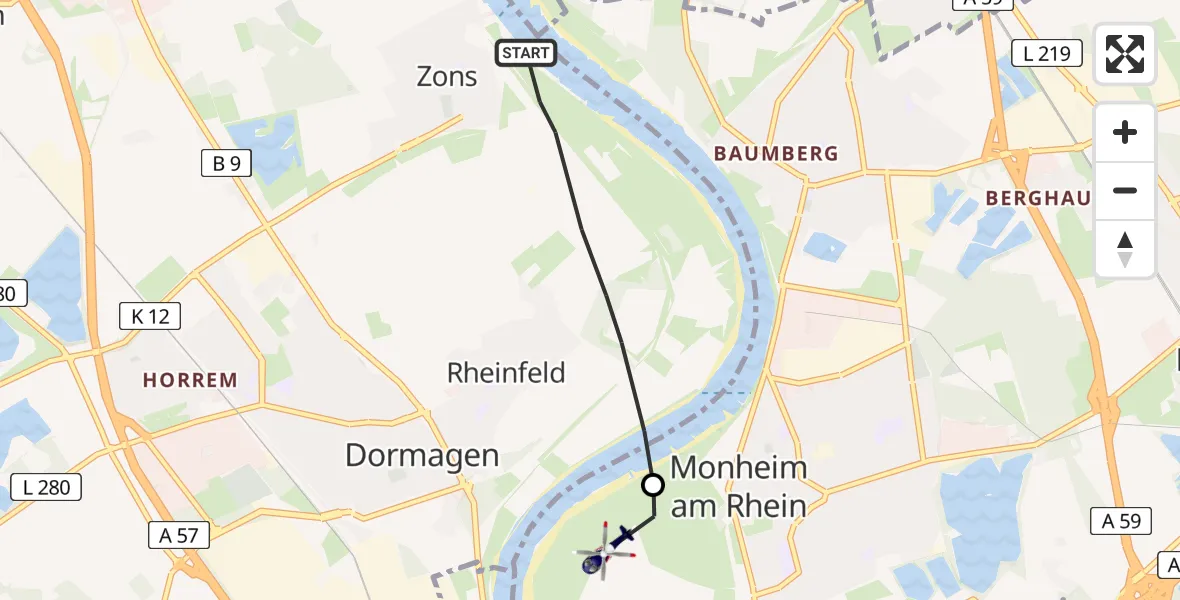 Flugroute Polizeihubschrauber Dormagen - Monheim am Rhein, 16 Juli 2026, 09:21