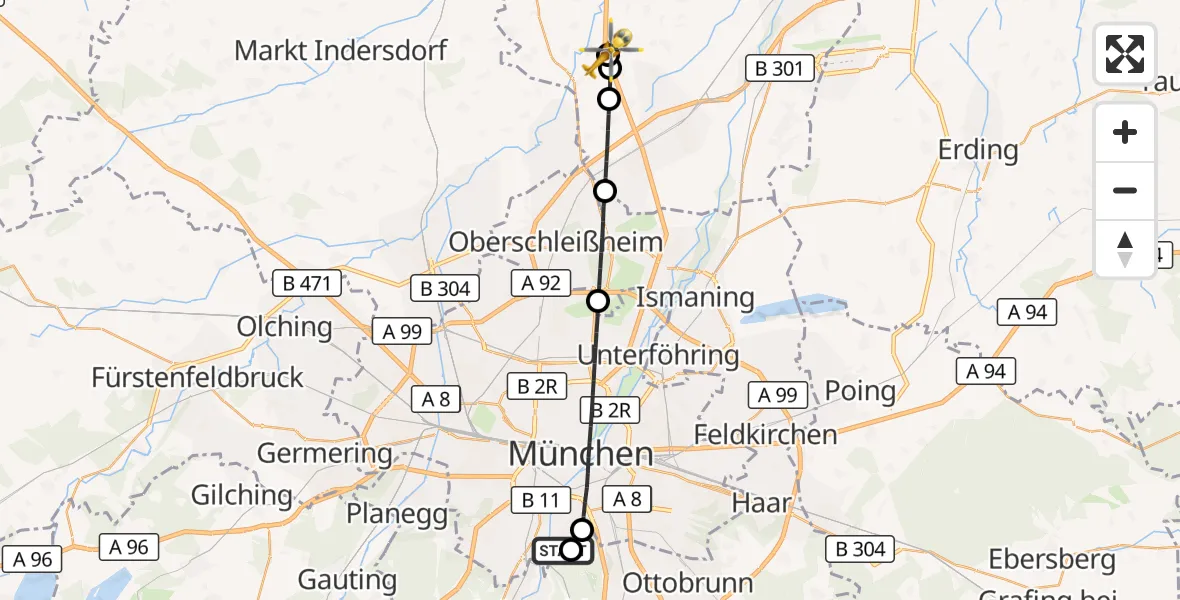 Flugroute Rettungshubschrauber ADAC Air Rescue Center Hubschrauberlandeplatz (Christoph 1) - Fahrenzhausen, 16 Juli 2026, 09:22