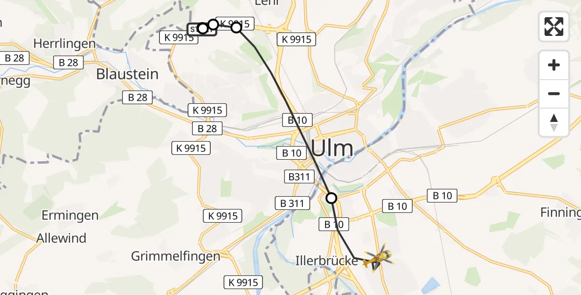 Flugroute Rettungshubschrauber Ulm Military Hospital Emergency - Neu-Ulm, 16 Juli 2026, 09:23