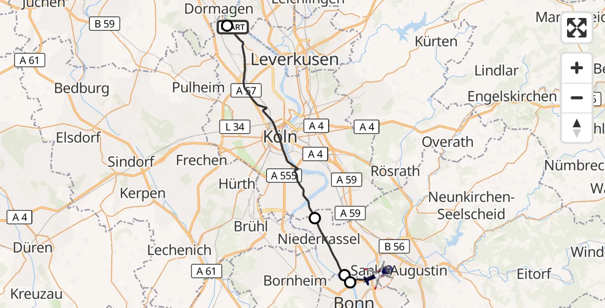 Flugroute Polizeihubschrauber Monheim am Rhein - Sankt Augustin, 16 Juli 2026, 09:25