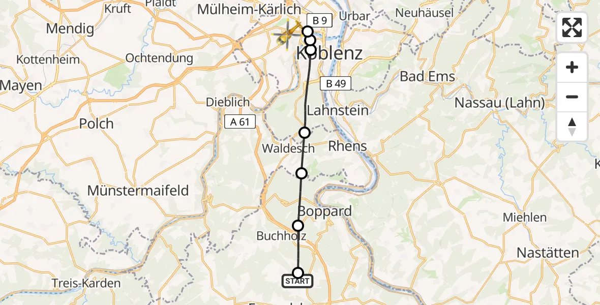 Flugroute Rettungshubschrauber Halsenbach - Koblenz, 16 Juli 2026, 09:25