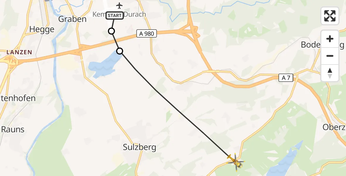 Flugroute Rettungshubschrauber Kempten-Durach Flugplatz - Sulzberg, 16 Juli 2026, 09:29