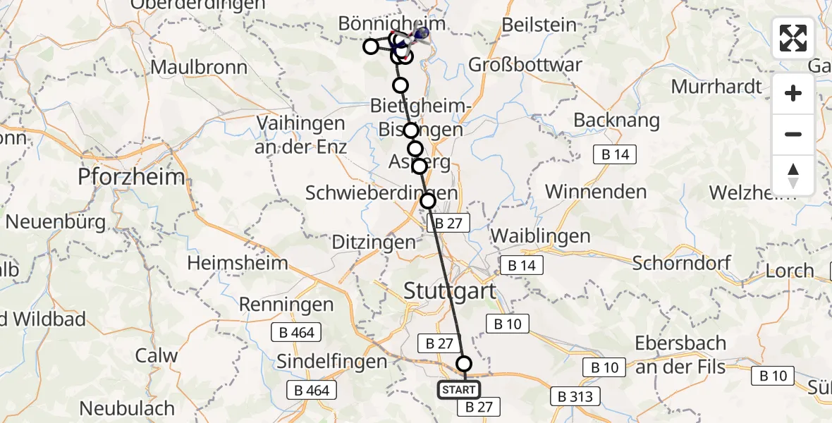 Flugroute Polizeihubschrauber Flughafen Stuttgart - Bönnigheim, 16 Juli 2026, 09:32