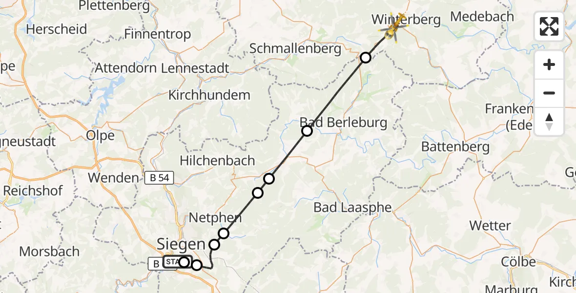 Flugroute Rettungshubschrauber Evangelisches Jung-Stilling Hospital - Winterberg, 16 Juli 2026, 09:32